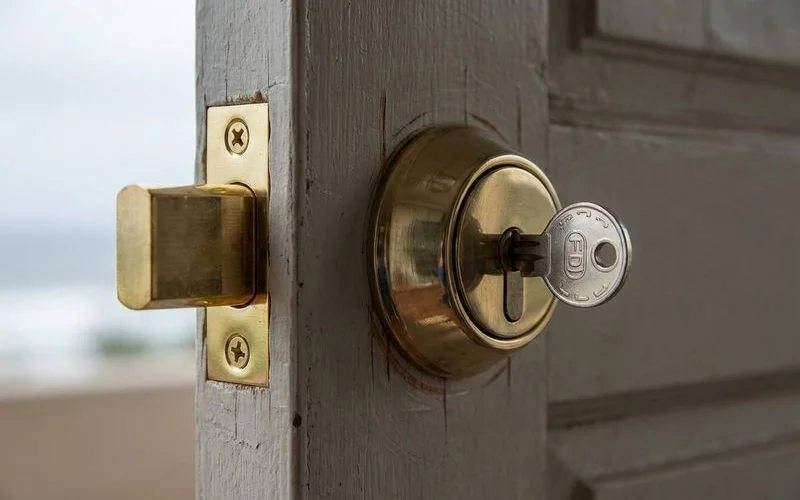 Close-up of a newly installed high-security deadbolt on a coastal home door in Ballito