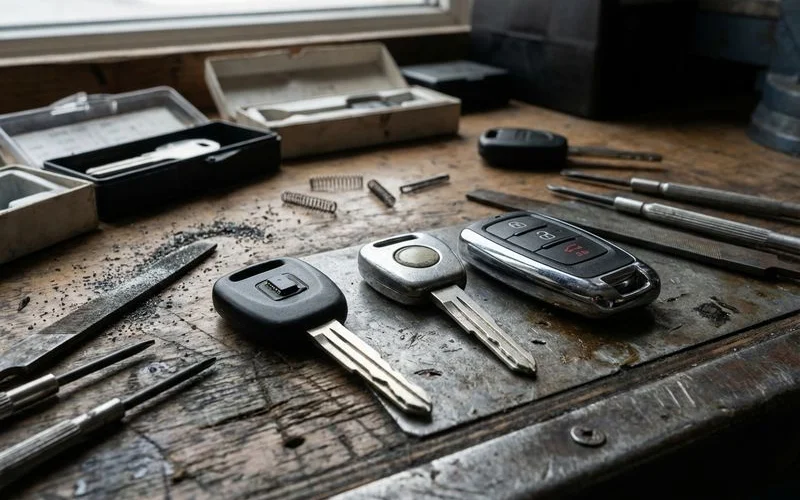 Various car key types including transponder, flip key, and remote fob displayed on a workbench
