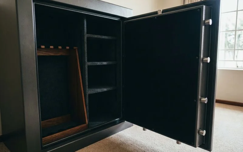 Interior of a gun safe with rifle storage and shelving after being professionally opened