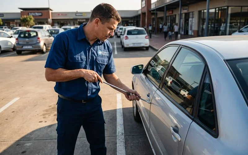 Locksmith using specialist tools to open a locked vehicle at Ballito Junction