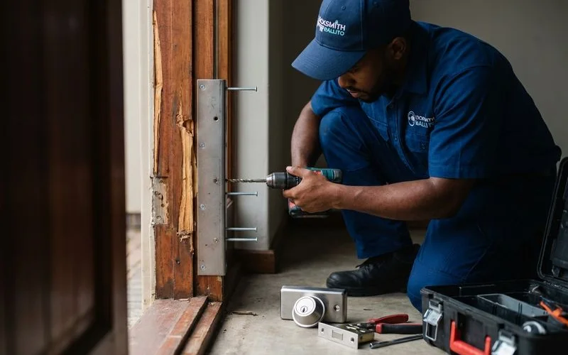 Locksmith reinforcing a door frame and installing upgraded security locks after a burglary attempt