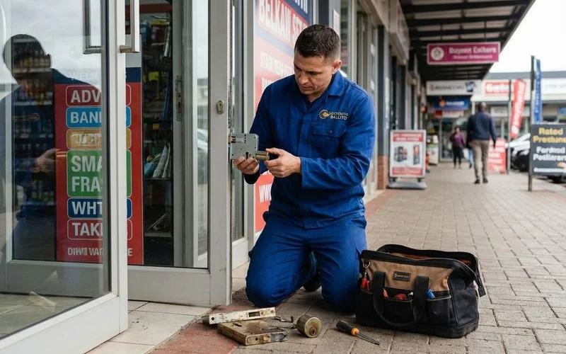 Locksmith upgrading commercial-grade locks on a retail shop front door in the Ballito business district