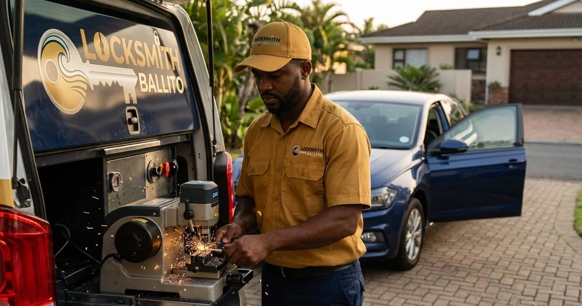 Auto locksmith cutting a replacement car key on-site at a residential driveway in Ballito