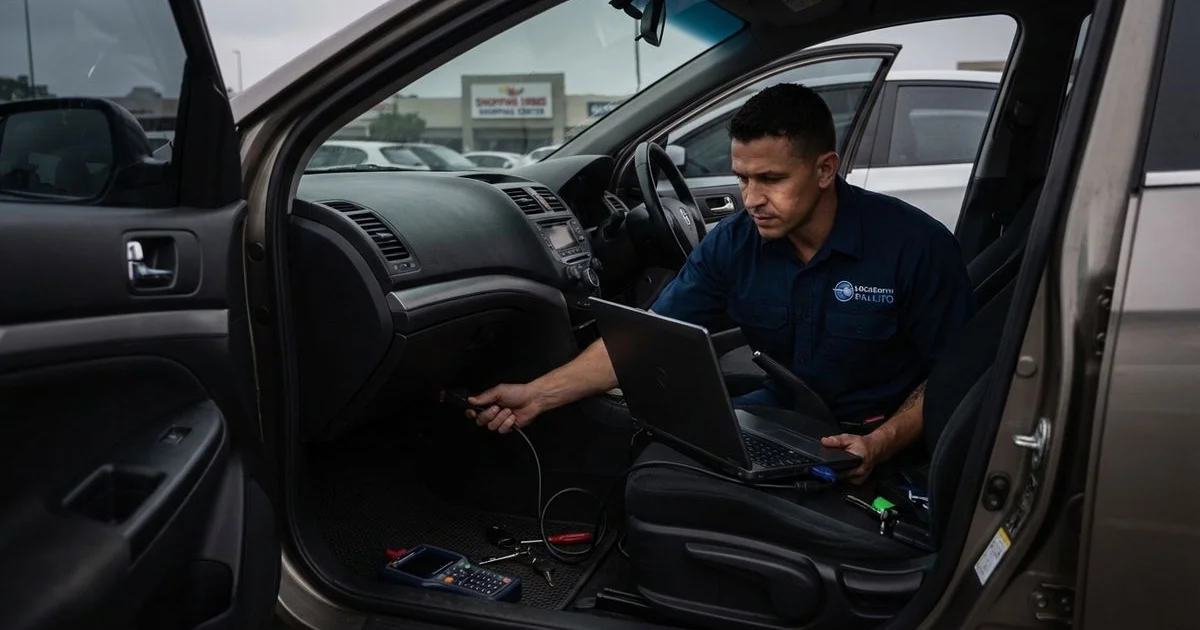 Split comparison showing a mobile locksmith programming a car key at the vehicle versus a dealership service counter