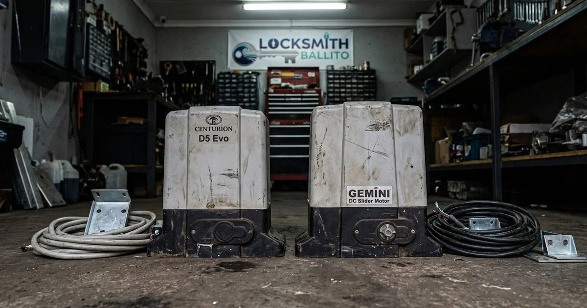 Centurion D5 Evo and Gemini DC gate motors placed side by side for a direct comparison