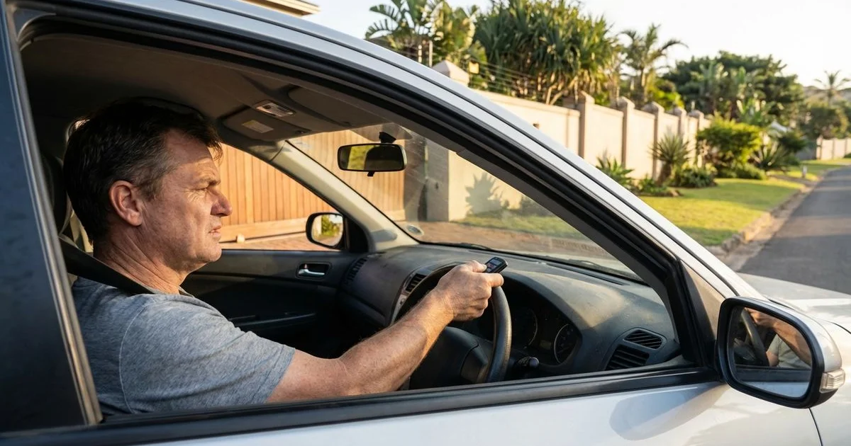 Frustrated homeowner pressing a gate remote at their driveway gate with the gate not responding