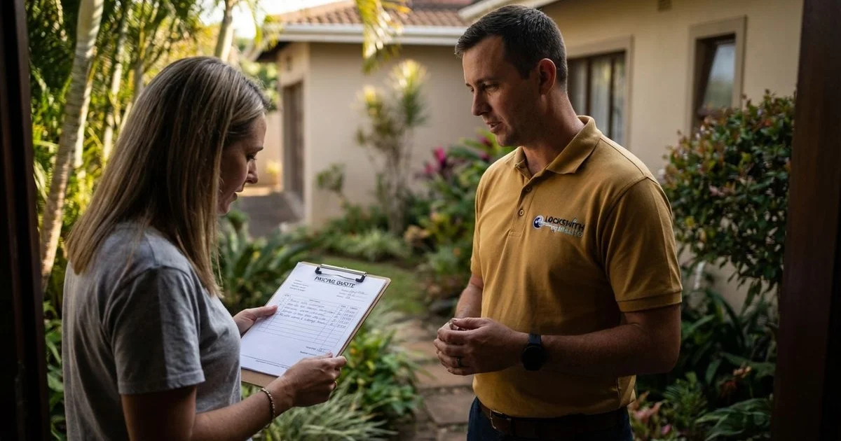Locksmith discussing transparent pricing with a homeowner at their front door in the Ballito area
