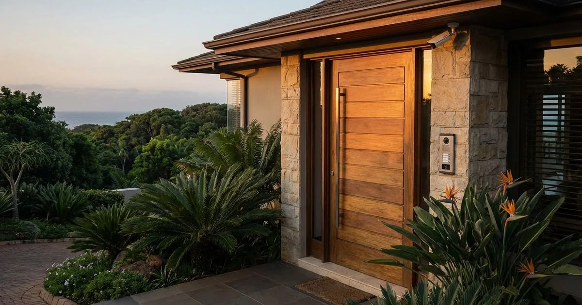 Luxury home entrance in Zimbali Coastal Estate Ballito showing modern security features and landscaping