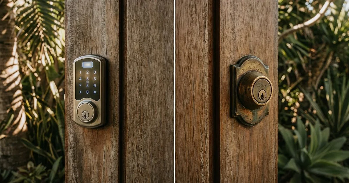 Smart lock installed on a modern door next to a traditional deadbolt on a coastal Ballito home for comparison