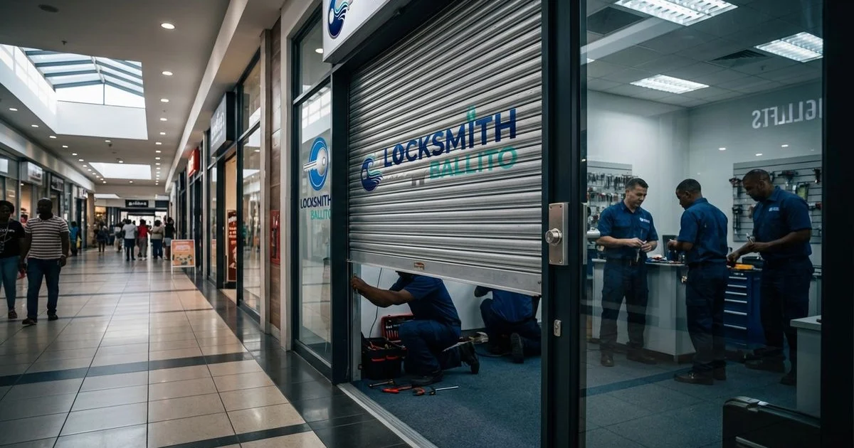 Retail shop front at Ballito Junction Mall showing security features including roller shutter and commercial locks