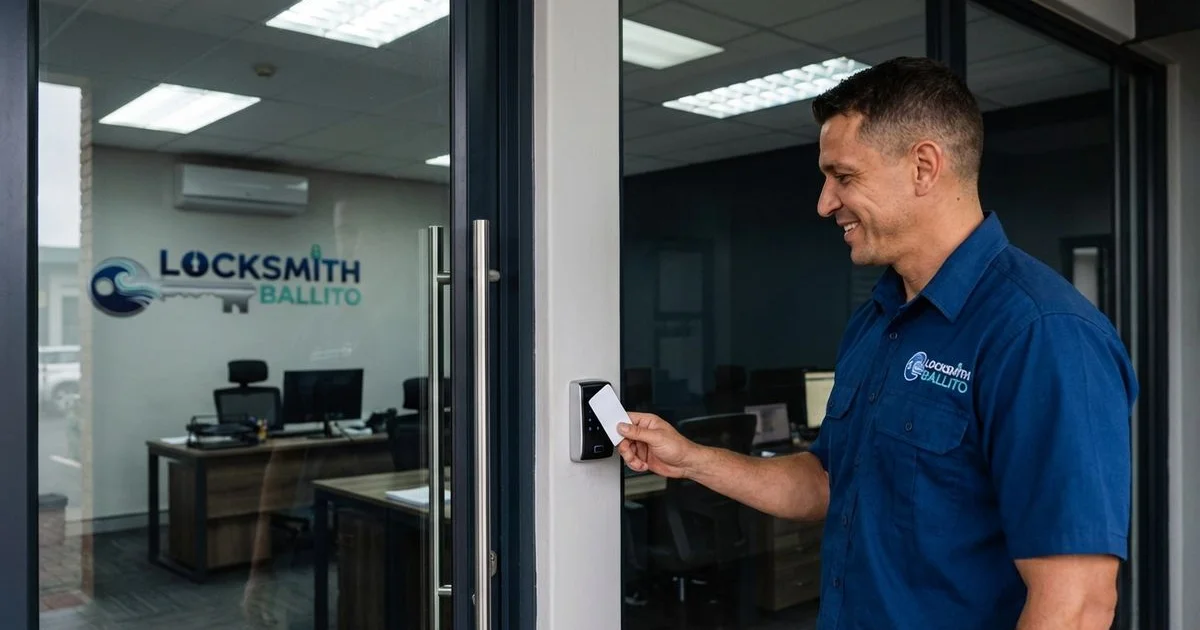 Small business owner using a key card access control panel at a modern office entrance in Ballito