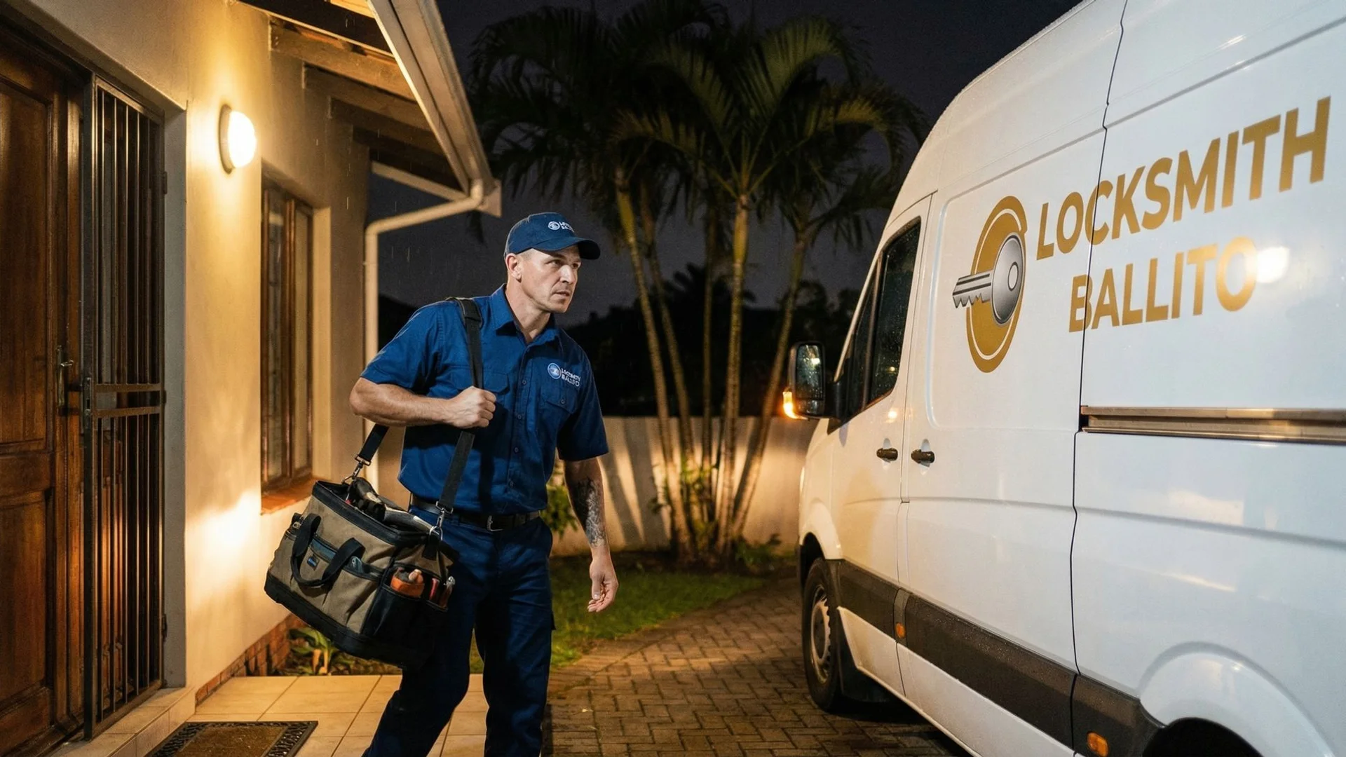 Professional locksmith arriving for an emergency call-out in Ballito at night